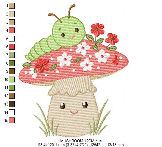 Caterpillar and Mushroom embroidery designs - Red Toad with flowers machine embroidery pattern - Magical Garden Forest - Instant download