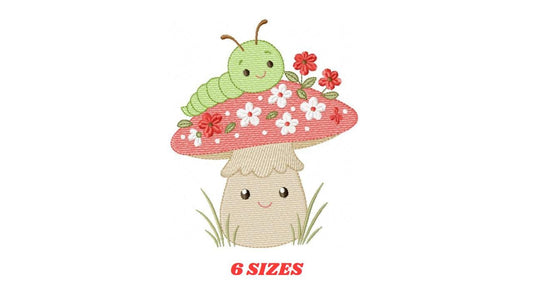 Caterpillar and Mushroom embroidery designs - Red Toad with flowers machine embroidery pattern - Magical Garden Forest - Instant download