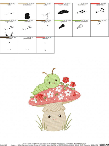 Caterpillar and Mushroom embroidery designs - Red Toad with flowers machine embroidery pattern - Magical Garden Forest - Instant download