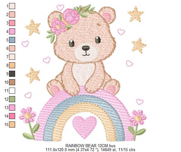 Female Bear with rainbow embroidery designs - Baby Girl Teddy with flowers machine embroidery pattern - Instant digital download pes jef dst