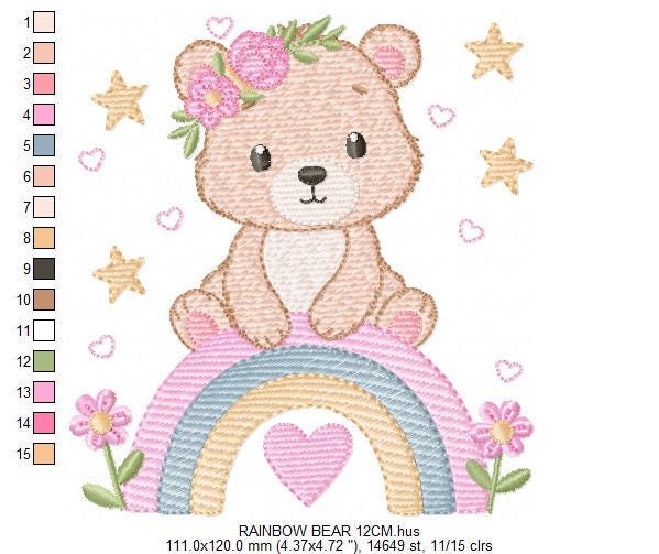 Female Bear with rainbow embroidery designs - Baby Girl Teddy with flowers machine embroidery pattern - Instant digital download pes jef dst