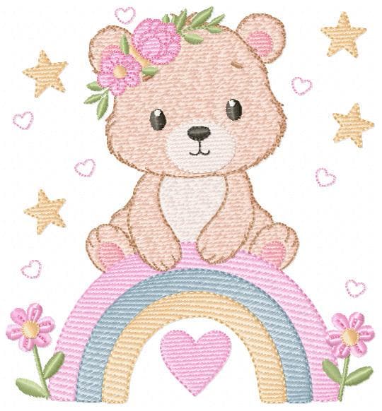 Female Bear with rainbow embroidery designs - Baby Girl Teddy with flowers machine embroidery pattern - Instant digital download pes jef dst