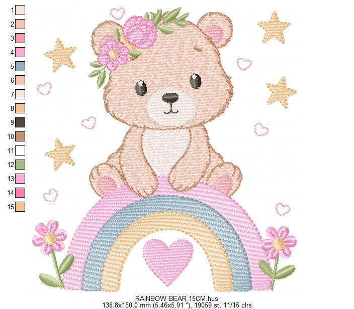 Female Bear with rainbow embroidery designs - Baby Girl Teddy with flowers machine embroidery pattern - Instant digital download pes jef dst