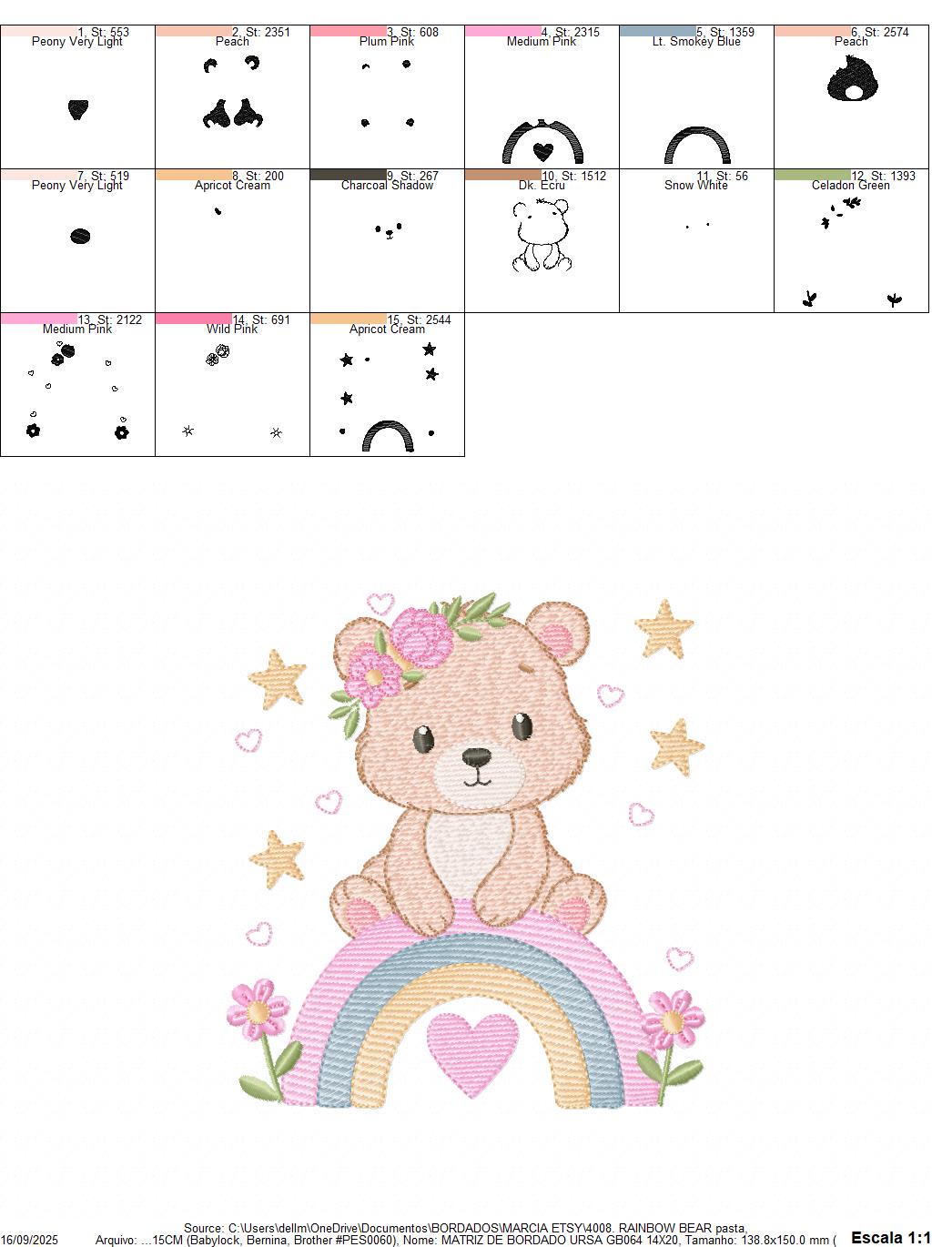 Female Bear with rainbow embroidery designs - Baby Girl Teddy with flowers machine embroidery pattern - Instant digital download pes jef dst