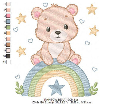 Bear with rainbow embroidery designs - Baby Boy Teddy with stars machine embroidery pattern - Instant digital download pes jef hus vp3 dst