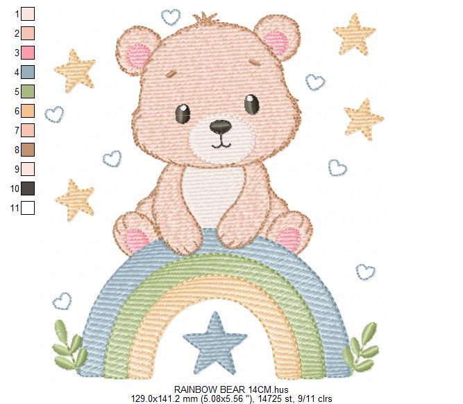 Bear with rainbow embroidery designs - Baby Boy Teddy with stars machine embroidery pattern - Instant digital download pes jef hus vp3 dst