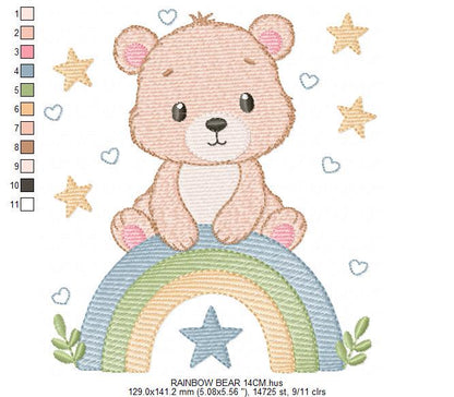 Bear with rainbow embroidery designs - Baby Boy Teddy with stars machine embroidery pattern - Instant digital download pes jef hus vp3 dst