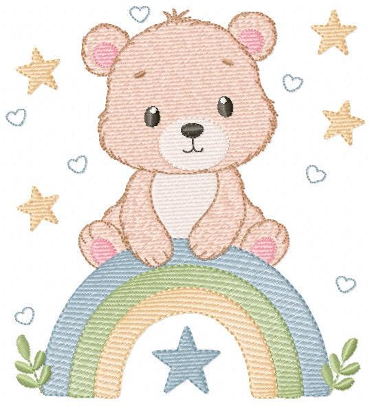 Bear with rainbow embroidery designs - Baby Boy Teddy with stars machine embroidery pattern - Instant digital download pes jef hus vp3 dst