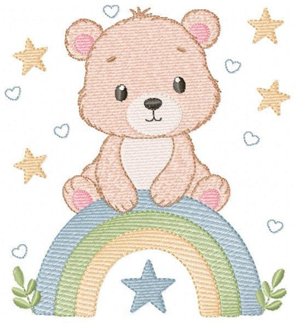 Bear with rainbow embroidery designs - Baby Boy Teddy with stars machine embroidery pattern - Instant digital download pes jef hus vp3 dst