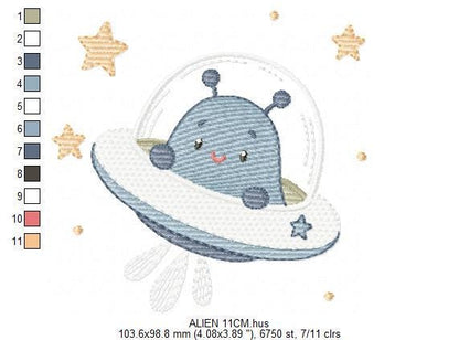 Alien with spaceship embroidery design - E.T. with space rocket machine embroidery pattern - Instant digital download pes jef dst vp3 hus