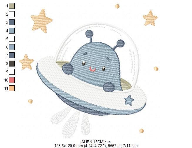 Alien with spaceship embroidery design - E.T. with space rocket machine embroidery pattern - Instant digital download pes jef dst vp3 hus