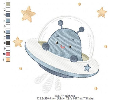 Alien with spaceship embroidery design - E.T. with space rocket machine embroidery pattern - Instant digital download pes jef dst vp3 hus