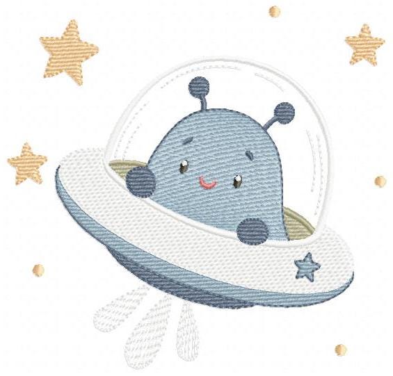 Alien with spaceship embroidery design - E.T. with space rocket machine embroidery pattern - Instant digital download pes jef dst vp3 hus