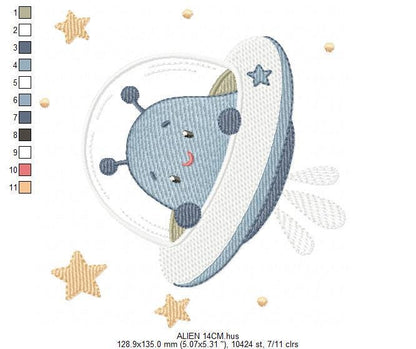 Alien with spaceship embroidery design - E.T. with space rocket machine embroidery pattern - Instant digital download pes jef dst vp3 hus