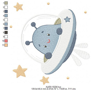 Alien with spaceship embroidery design - E.T. with space rocket machine embroidery pattern - Instant digital download pes jef dst vp3 hus