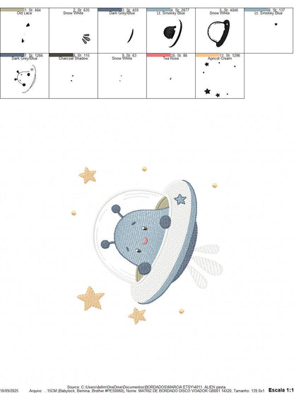 Alien with spaceship embroidery design - E.T. with space rocket machine embroidery pattern - Instant digital download pes jef dst vp3 hus