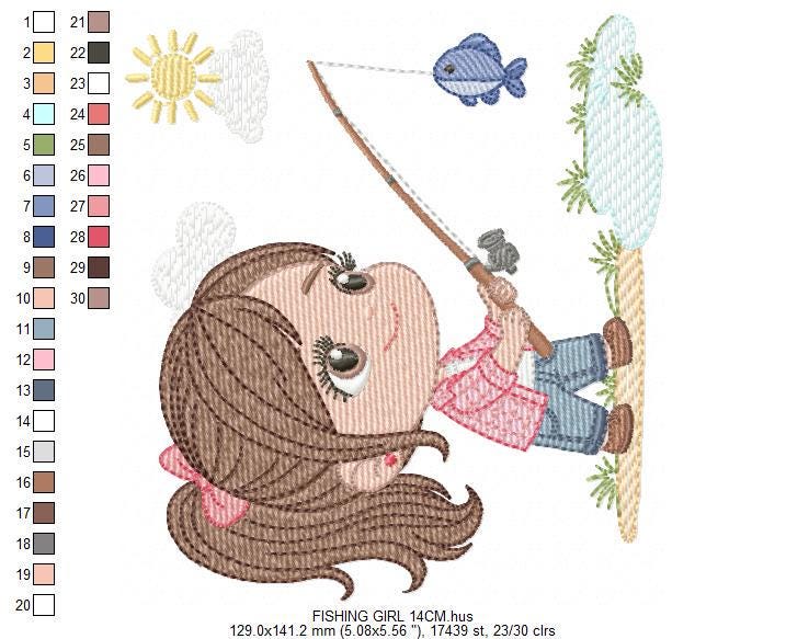 Baby girl fishing embroidery design - Fisherman girl machine embroidery pattern - Children toddler playing sun grass file - Instant download