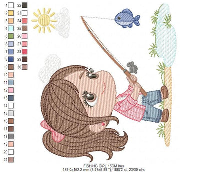 Baby girl fishing embroidery design - Fisherman girl machine embroidery pattern - Children toddler playing sun grass file - Instant download