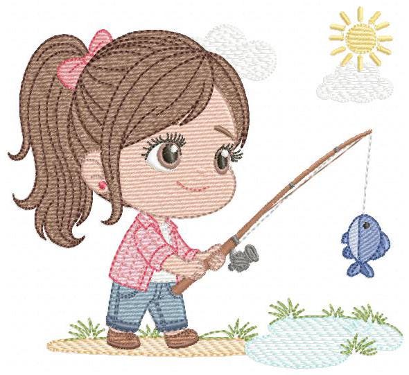 Baby girl fishing embroidery design - Fisherman girl machine embroidery pattern - Children toddler playing sun grass file - Instant download