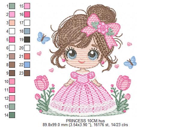 Baby girl embroidery designs - Girl with long hair bun machine embroidery pattern - Princess with flowers file - Instant download pes jef