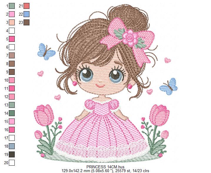Baby girl embroidery designs - Girl with long hair bun machine embroidery pattern - Princess with flowers file - Instant download pes jef