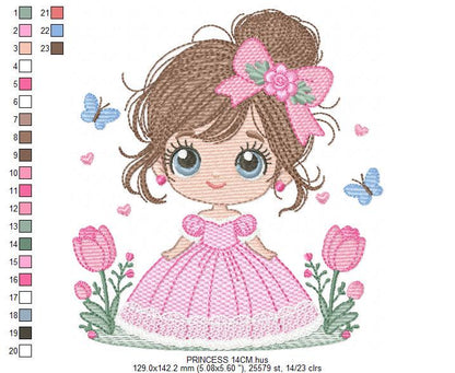 Baby girl embroidery designs - Girl with long hair bun machine embroidery pattern - Princess with flowers file - Instant download pes jef