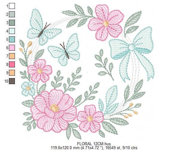 Flowers with Butterflies Wreath embroidery designs - Floral Kitchen Towel machine embroidery pattern - Instant digital download pes jef dst