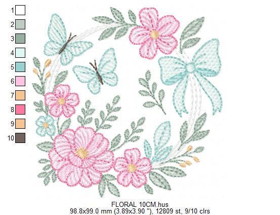 Flowers with Butterflies Wreath embroidery designs - Floral Kitchen Towel machine embroidery pattern - Instant digital download pes jef dst