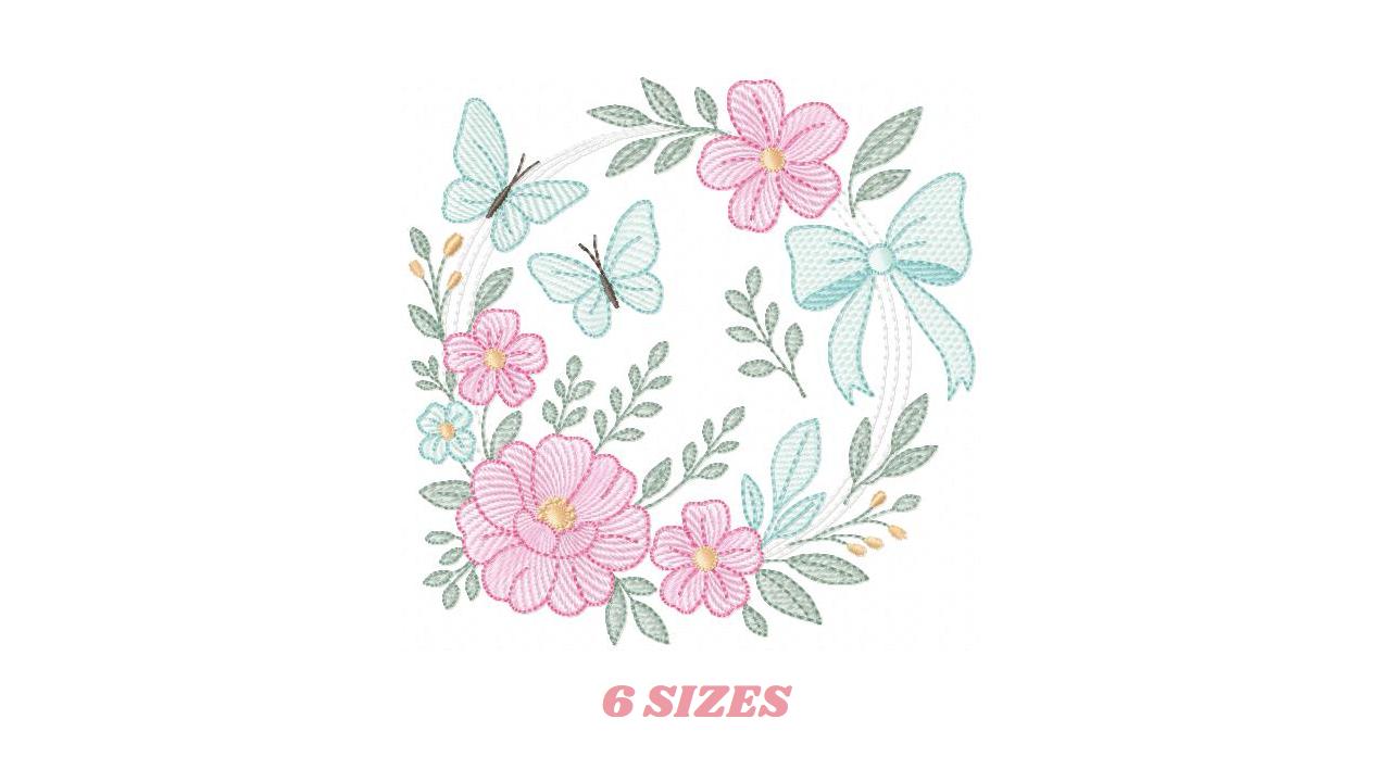 Flowers with Butterflies Wreath embroidery designs - Floral Kitchen Towel machine embroidery pattern - Instant digital download pes jef dst