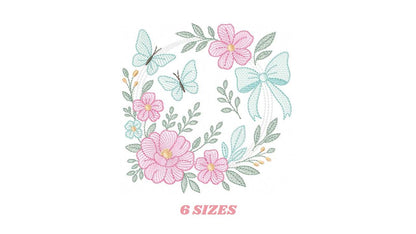 Flowers with Butterflies Wreath embroidery designs - Floral Kitchen Towel machine embroidery pattern - Instant digital download pes jef dst