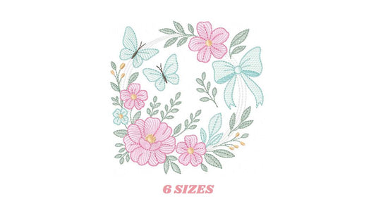 Flowers with Butterflies Wreath embroidery designs - Floral Kitchen Towel machine embroidery pattern - Instant digital download pes jef dst