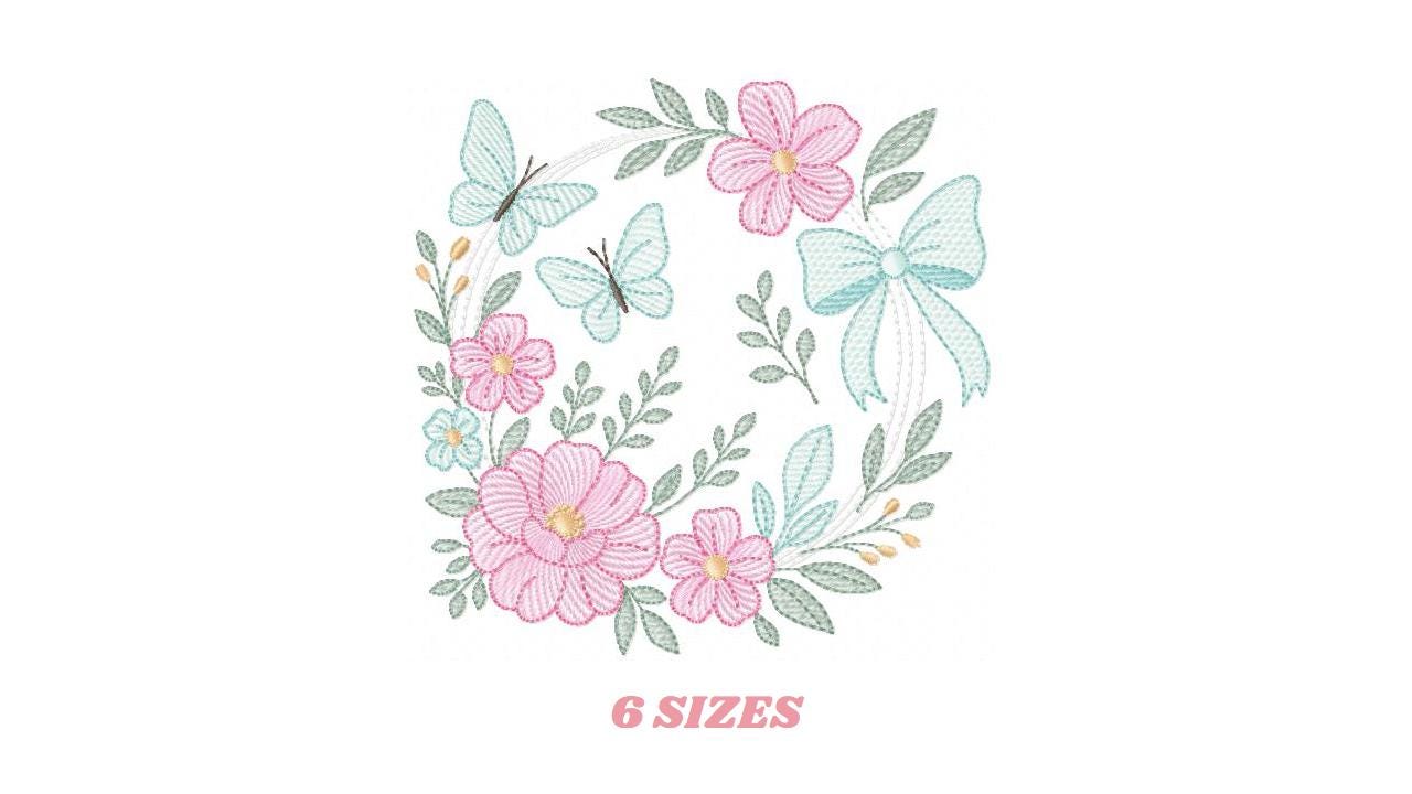 Flowers with Butterflies embroidery designs - Floral Wreath with lace machine embroidery pattern - Kitchen Tea Towel file - Instant digital download pes jef dst