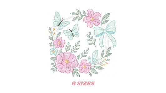 Flowers with Butterflies embroidery designs - Floral Wreath with lace machine embroidery pattern - Kitchen Tea Towel file - Instant digital download pes jef dst