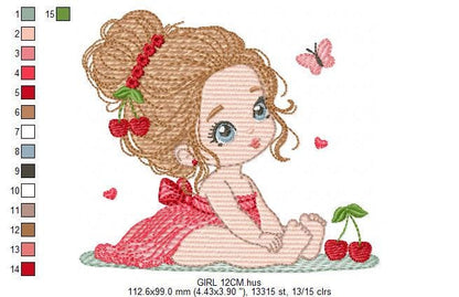 Baby girl embroidery designs - Girl with long hair bun machine embroidery pattern - Princess with cherries file - Instant download pes jef