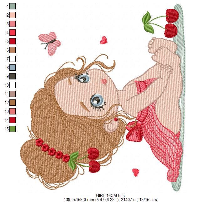 Baby girl embroidery designs - Girl with long hair bun machine embroidery pattern - Princess with cherries file - Instant download pes jef
