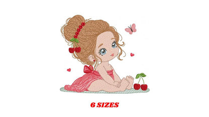 Baby girl embroidery designs - Girl with long hair bun machine embroidery pattern - Princess with cherries file - Instant download pes jef