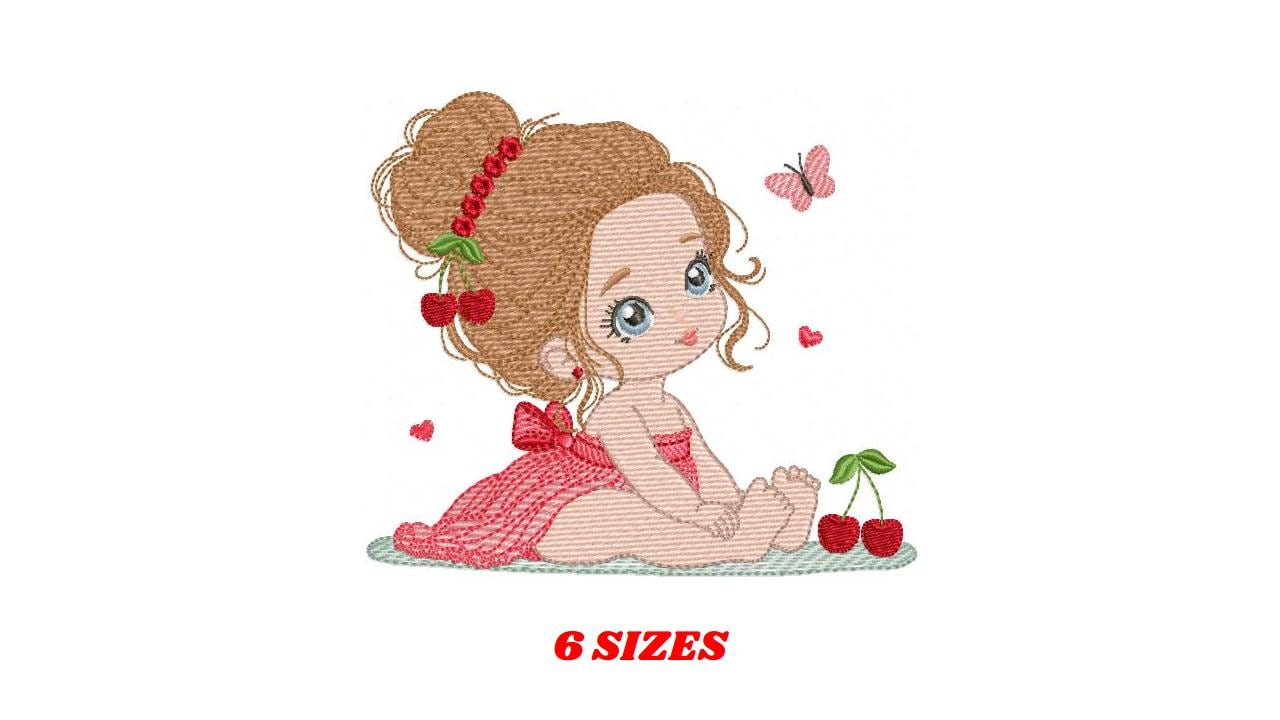 Baby girl embroidery designs - Girl with long hair bun machine embroidery pattern - Princess with cherries file - Instant download pes jef