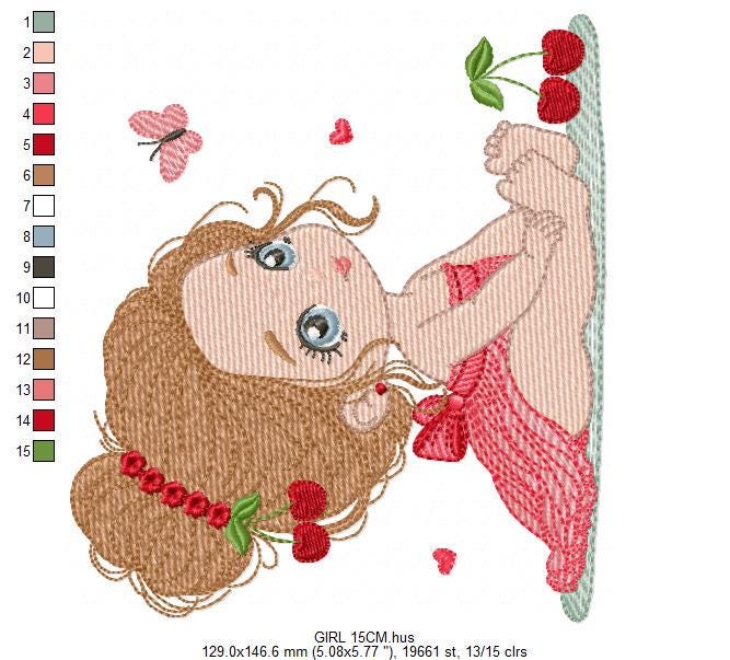 Baby girl embroidery designs - Girl with long hair bun machine embroidery pattern - Princess with cherries file - Instant download pes jef