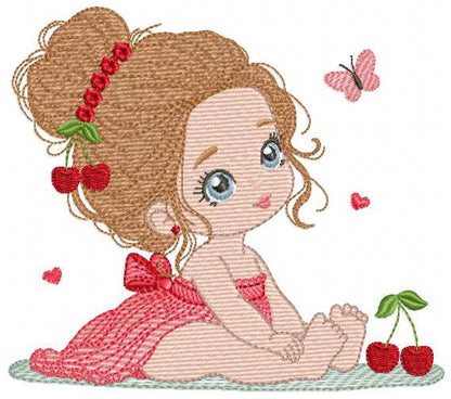 Baby girl embroidery designs - Girl with long hair bun machine embroidery pattern - Princess with cherries file - Instant download pes jef