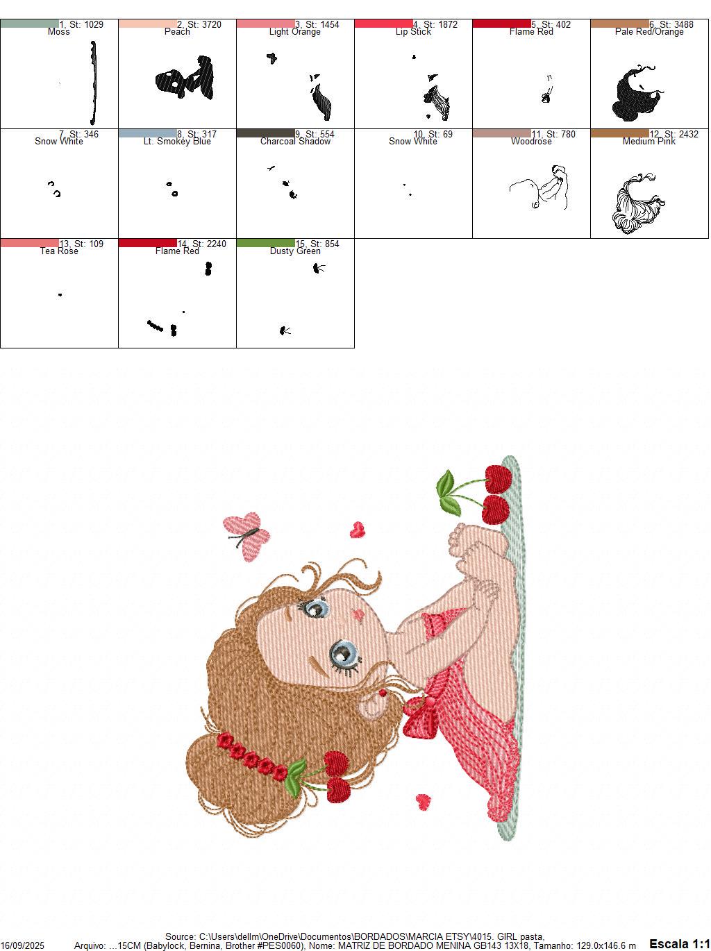 Baby girl embroidery designs - Girl with long hair bun machine embroidery pattern - Princess with cherries file - Instant download pes jef
