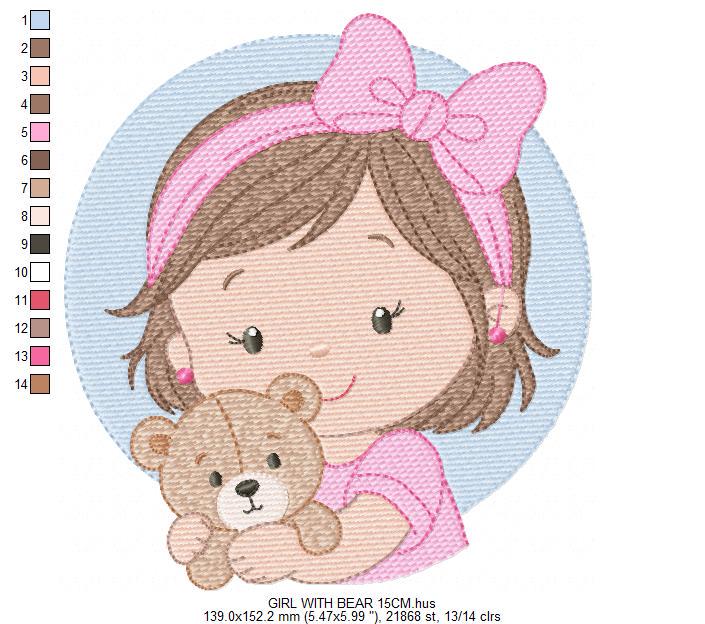 Baby girl Princess embroidery designs - Ballerina with teddy bear machine embroidery pattern - Girl with pink bow lace - Instant download