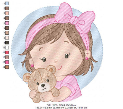 Baby girl Princess embroidery designs - Ballerina with teddy bear machine embroidery pattern - Girl with pink bow lace - Instant download