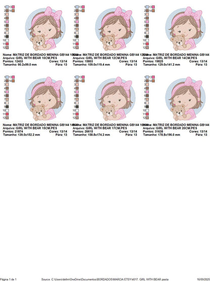 Baby girl Princess embroidery designs - Ballerina with teddy bear machine embroidery pattern - Girl with pink bow lace - Instant download