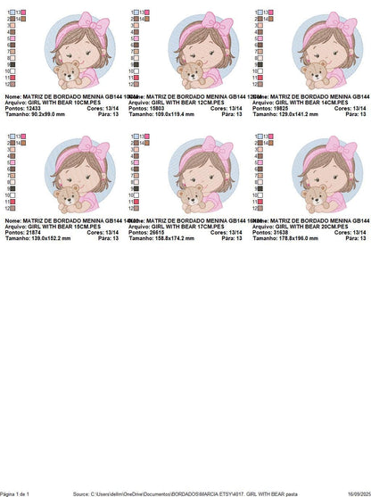 Baby girl Princess embroidery designs - Ballerina with teddy bear machine embroidery pattern - Girl with pink bow lace - Instant download