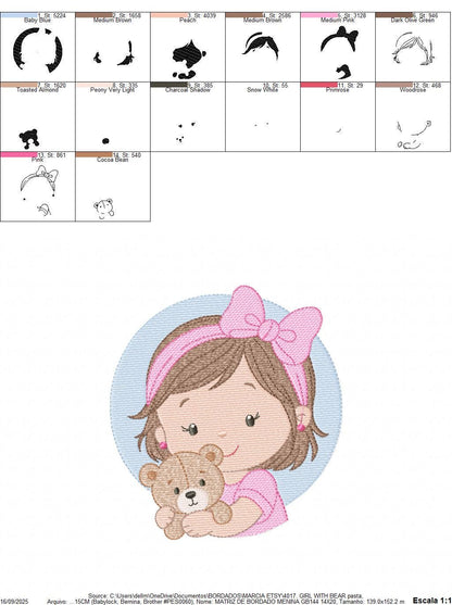 Baby girl Princess embroidery designs - Ballerina with teddy bear machine embroidery pattern - Girl with pink bow lace - Instant download