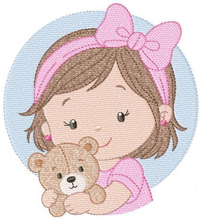 Baby girl Princess embroidery designs - Ballerina with teddy bear machine embroidery pattern - Girl with pink bow lace - Instant download