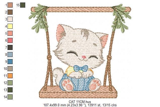 Cat embroidery design - Kitty with clothes and tie machine embroidery pattern - Baby boy cat with swing file - Instant digital download pes