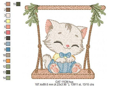 Cat embroidery design - Kitty with clothes and tie machine embroidery pattern - Baby boy cat with swing file - Instant digital download pes