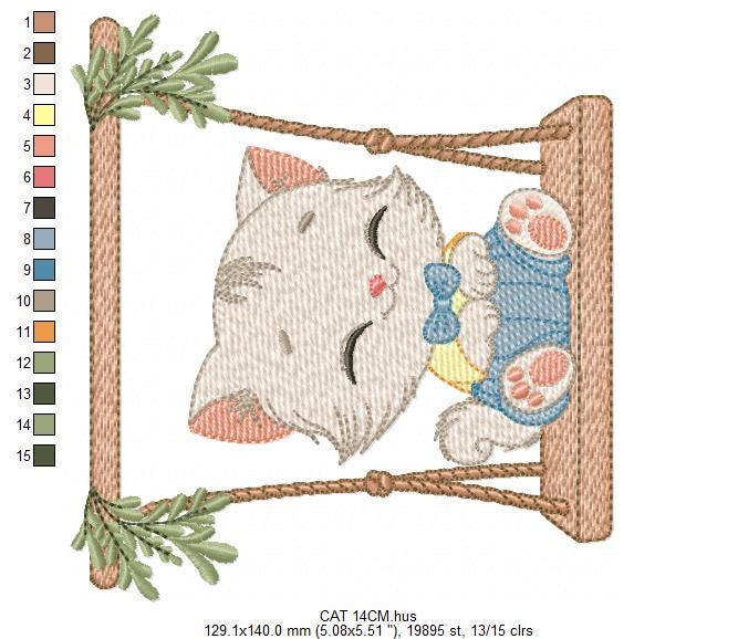 Cat embroidery design - Kitty with clothes and tie machine embroidery pattern - Baby boy cat with swing file - Instant digital download pes