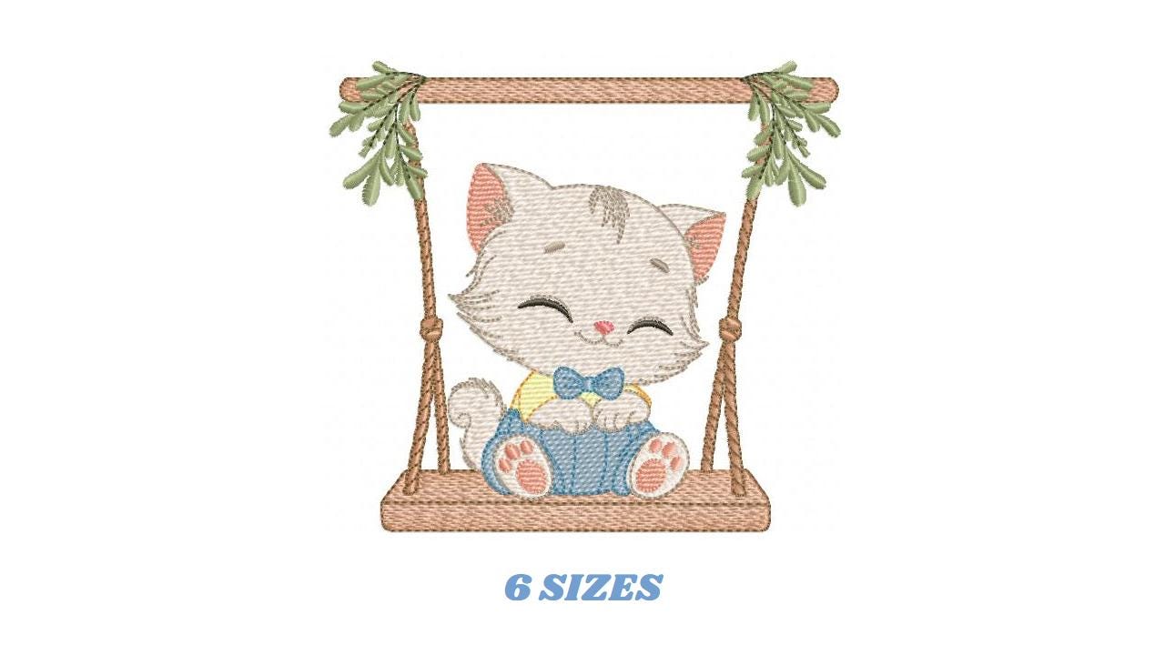 Cat embroidery design - Kitty with clothes and tie machine embroidery pattern - Baby boy cat with swing file - Instant digital download pes